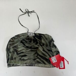 Diesel T-Stant Top Green Tiger Print Sheer Halter Oval D Logo A12223-0EPAN-5AFA